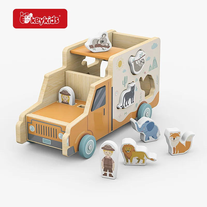 Wooden Animal Bus Toy with Built-In Shape Sorter - Interactive Learning Plaything for Toddlers' Cognitive W04A652